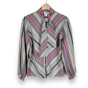 Vintage 70s Sunny South Button Up Secretary Blouse Top Striped Tie Neck Sz 12